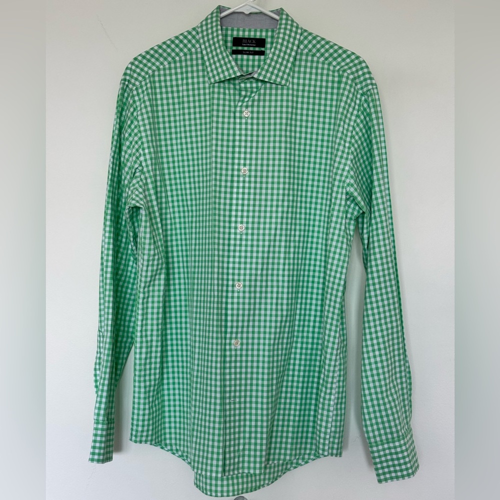 Black Saks Fifth Avenue Green/White, Button Down Shirt, Slim Fit, Cotton Size L